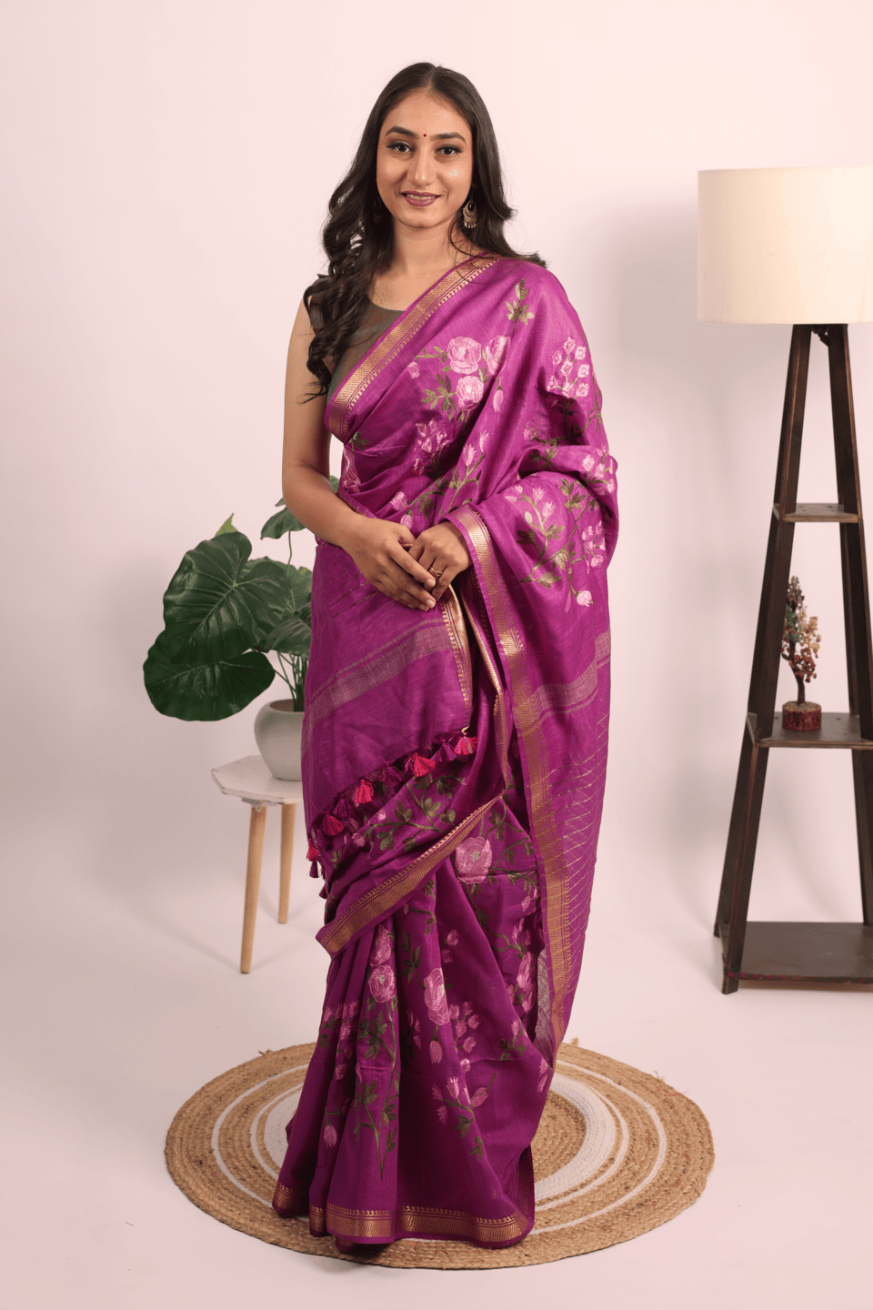 Silk Linen Floral Embroidery Saree