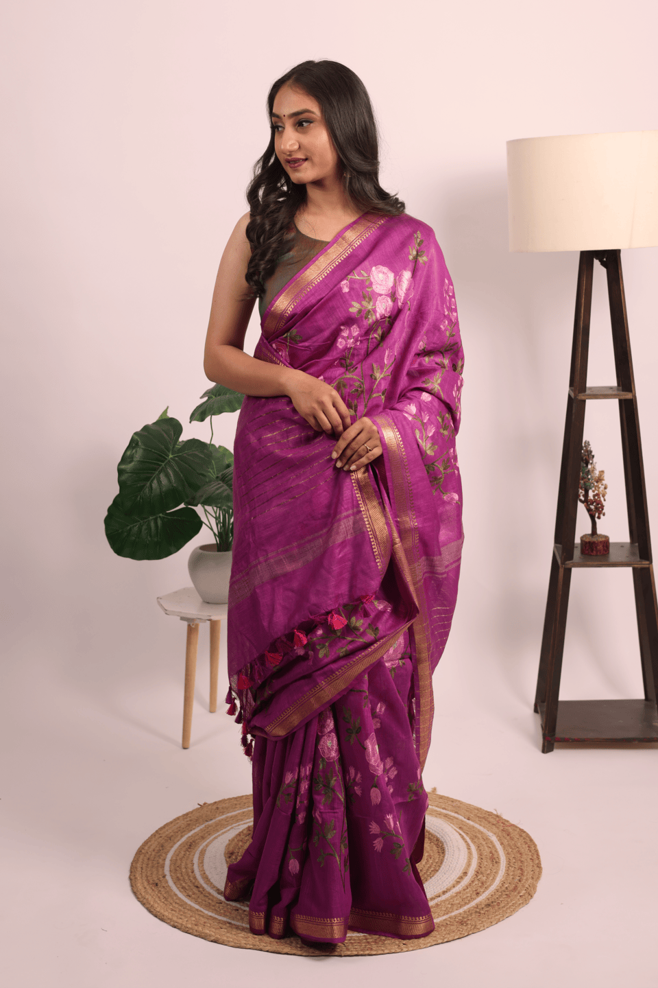 Silk Linen Floral Embroidery Saree