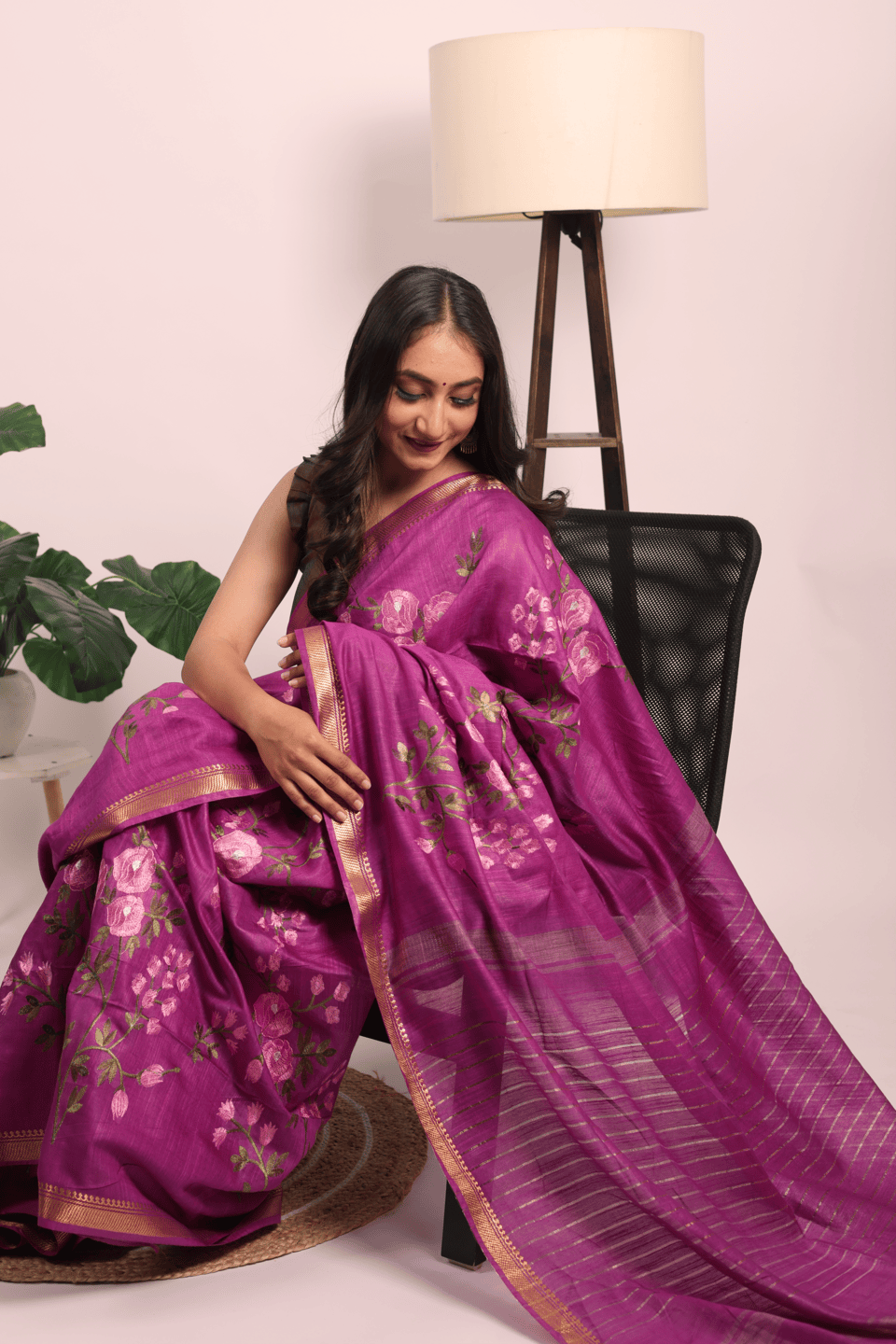 Silk Linen Floral Embroidery Saree