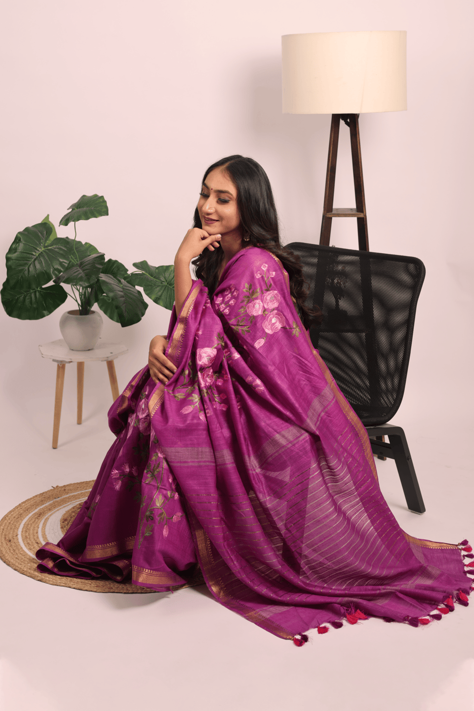Silk Linen Floral Embroidery Saree