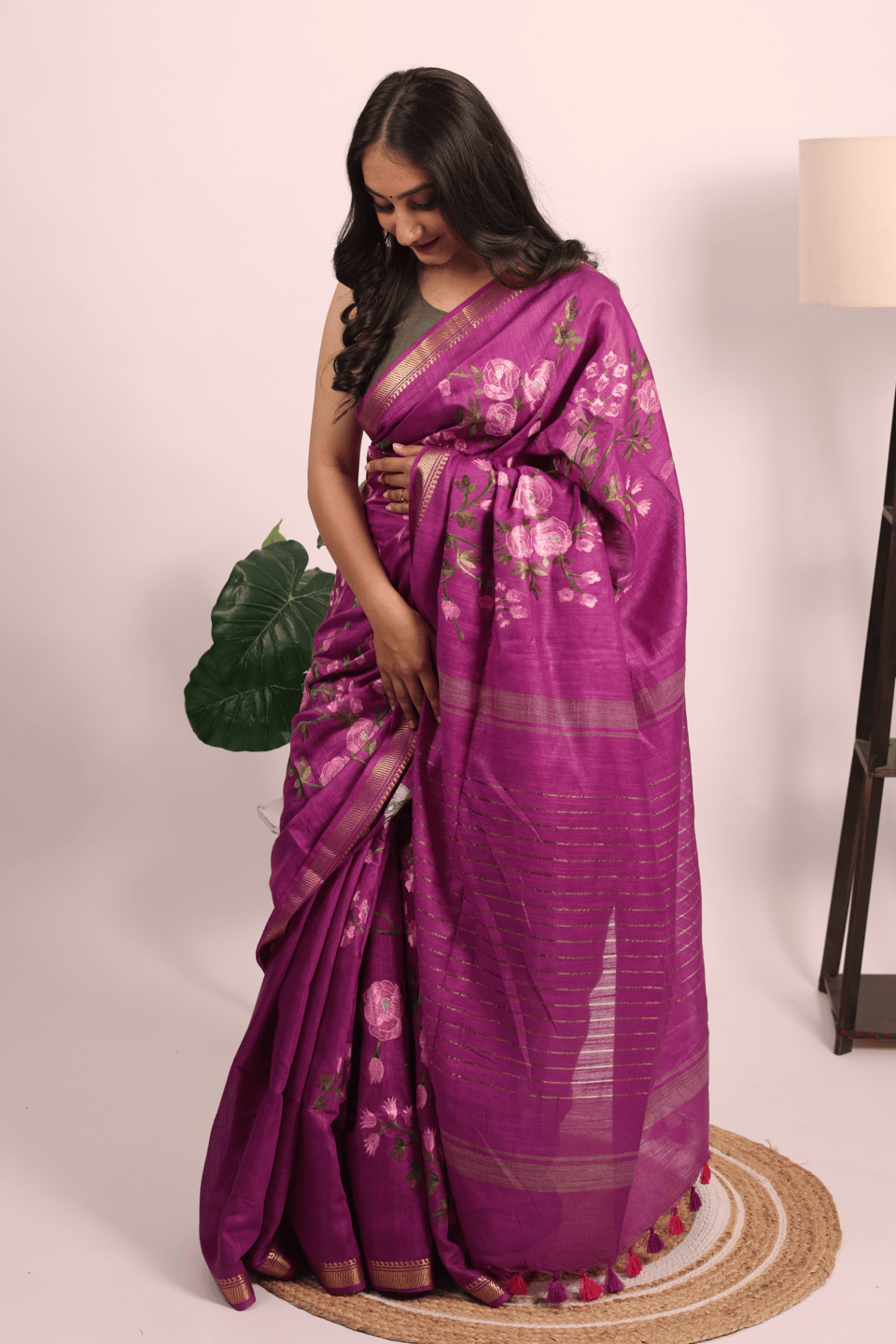 Silk Linen Floral Embroidery Saree