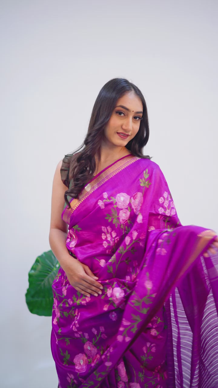 Silk Linen Floral Embroidery Saree